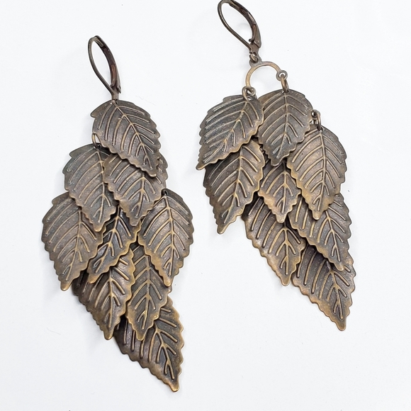 Jewelry - Brushed Brass Tone Leaves Boho Statement Earrings